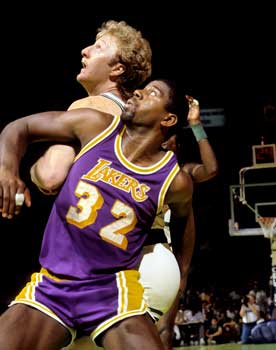 Magic Johnson and Larry Bird in 1985 NBA Finals