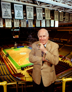Boston Celtics Red Auerbach in Boston Garden with Parquet floor